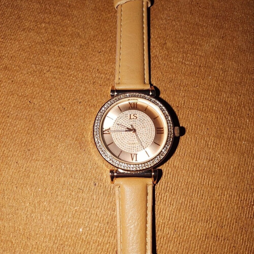 Womens LS Quartz Watch With Faux Leather Strap & Rhinestone Accents - Beige